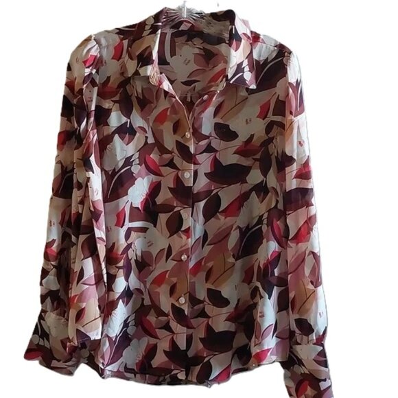 Ann Taylor Factory Women's Long Sleeve Coral & Cream Button-Up Floral Blouse, M - Picture 1 of 14